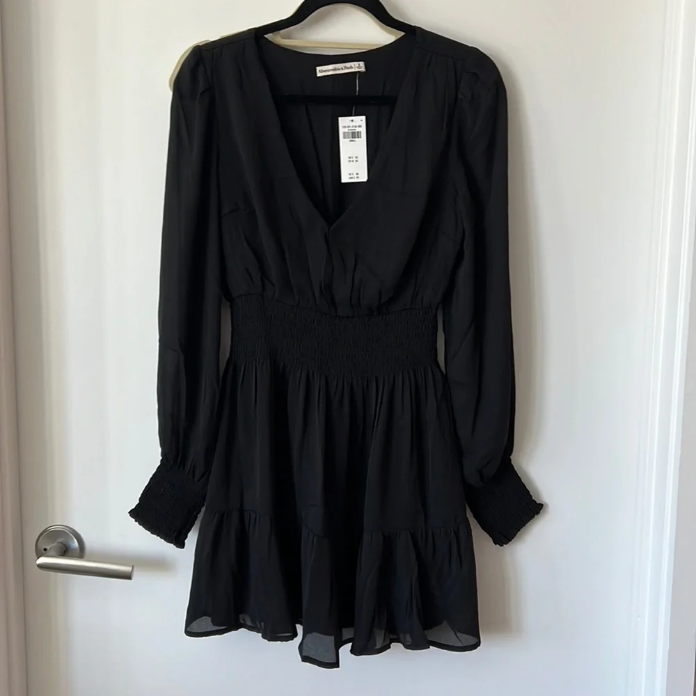 Abercrombie & Fitch Black Long Sleeve Smocked Waist Mini Dress
